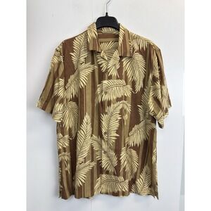 Tommy Bahama‎ Shirt Mens Large Brown Hawaiian Silk Blend Floral Palm Leaves